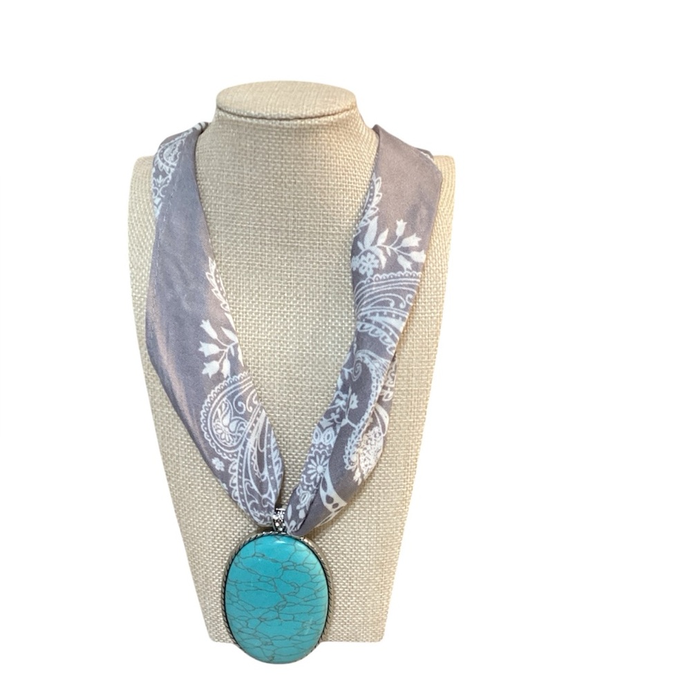 (#152) Turquoise Oval Pendant Scarf Necklace with Gray Paisley Ribbon
